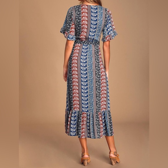 Enchanted Blue and Rust Red Print Ruffled Midi Dress | Lucy Love - Picture 3 of 10